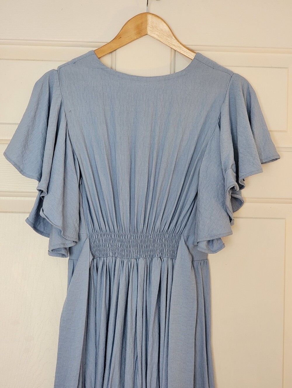 Modest Blue Midi Dress With Butterfly Sleeves And Waist Tie - Picture 6 of 7